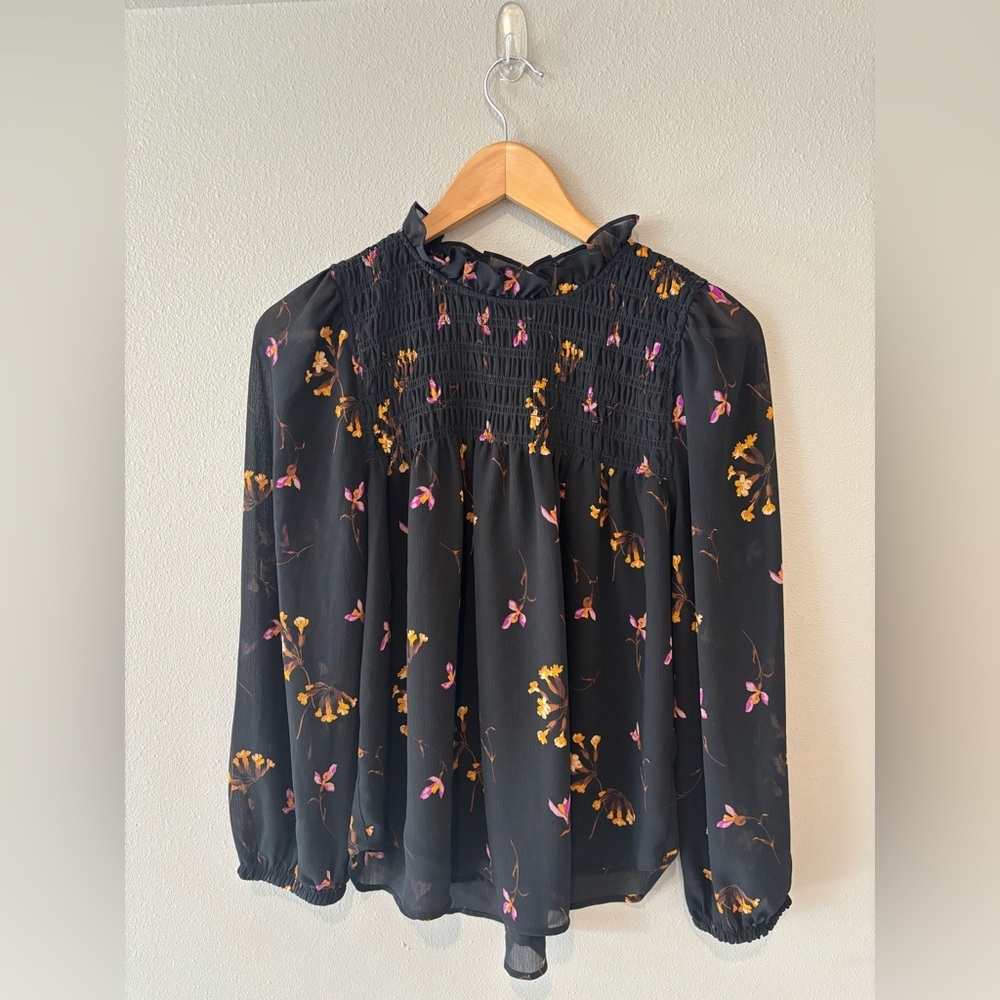 MADEWELL Women’s Long Sleeve Floral Blouse Black with Yellow + Pink Flowers Sz S